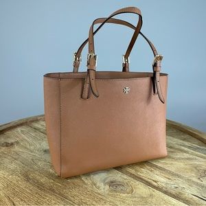 Tory Burch light brown saffiano leather satchel
